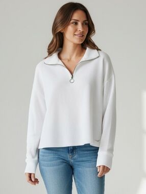 Hollister White Half-Zip Waffle Top Boyfriend TEE Size S